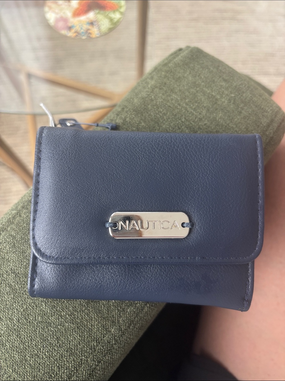 Nautica Navy Leather Trifold Wallet with Silver Logo